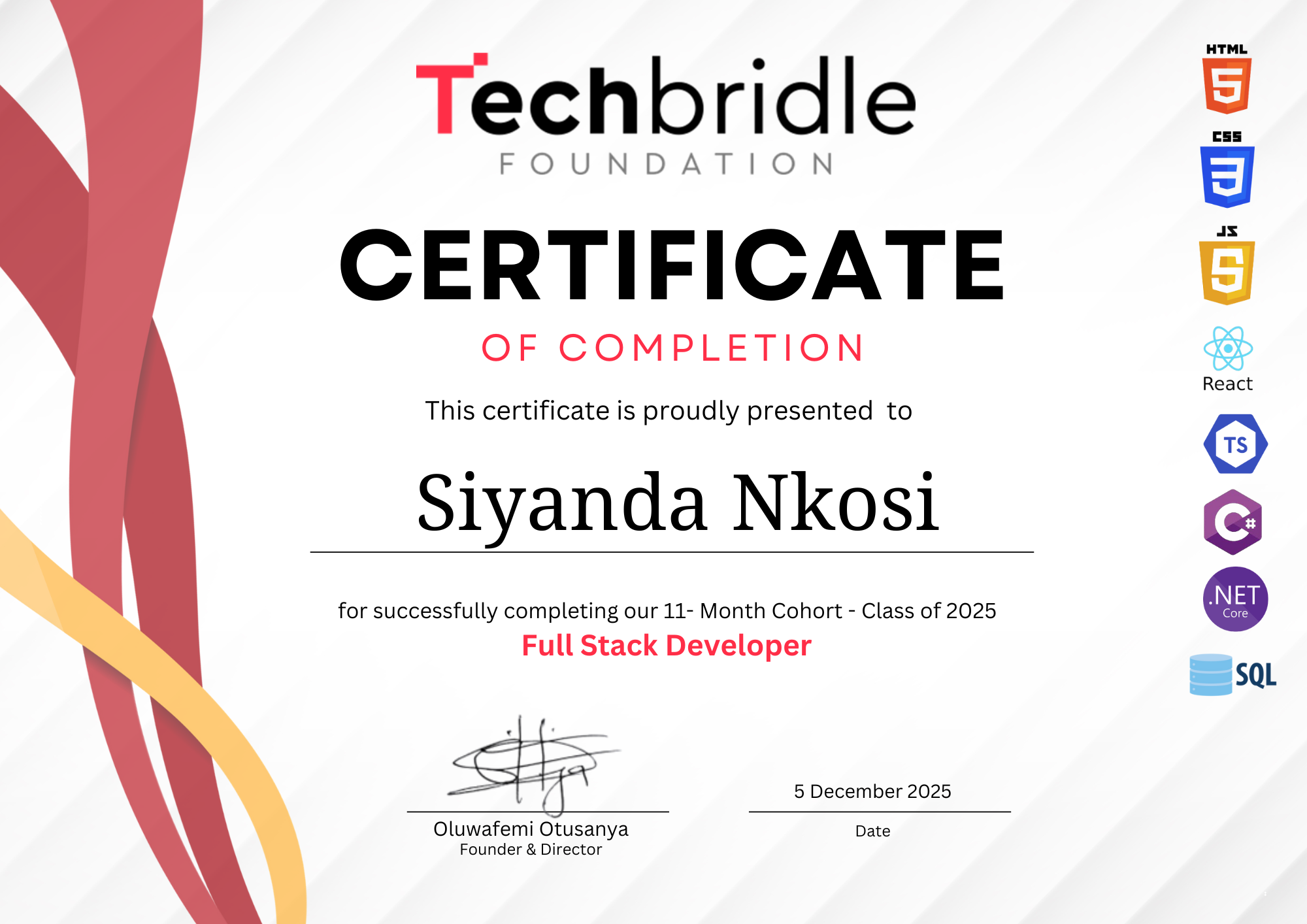 Siyanda Nkosi certificate